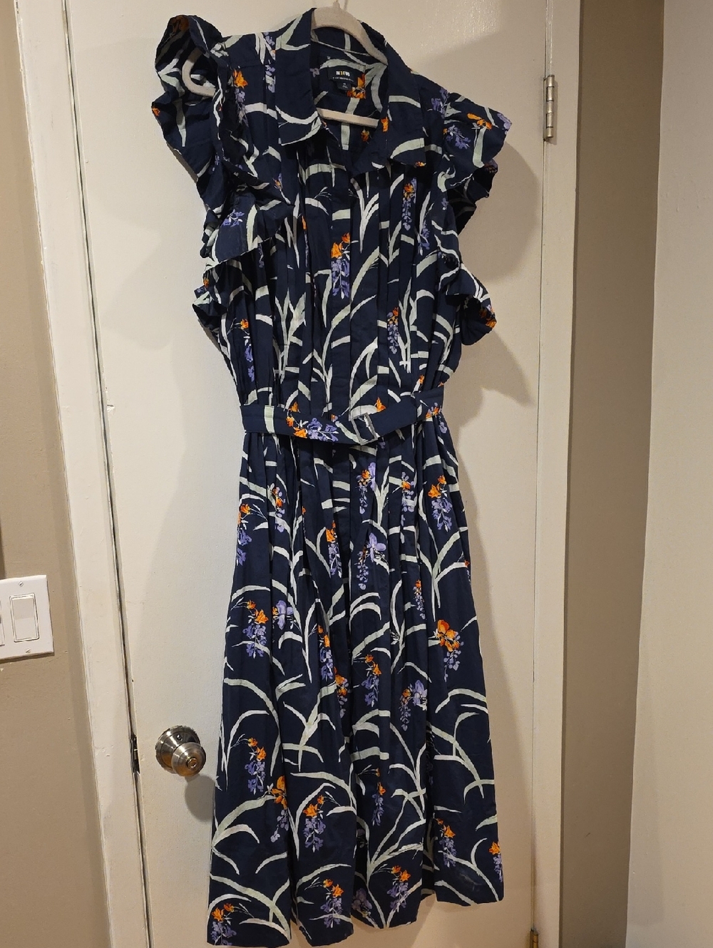 Anthropologie Navy Floral Midi Dress with Orange Accents